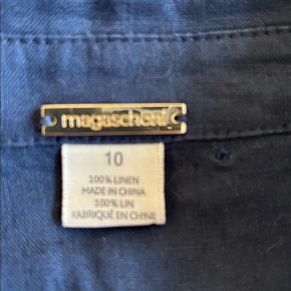 Magaschoni Wrap Dress Navy Blue 100% Linen Shirt Long Sleeve Classic Tie Waist - Picture 7 of 7